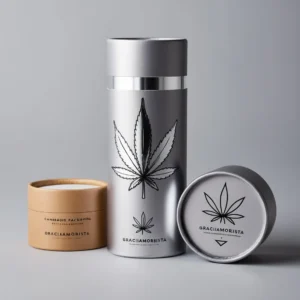 High-Tech Cannabis Packaging by Graciamorista High-tech silver paper tube packaging for Graciamorista cannabis, with a sophisticated design and eco-friendly materials High-Tech Cannabis Packaging by Graciamorista High-tech silver paper tube packaging for Graciamorista cannabis, with a sophisticated design and eco-friendly materials