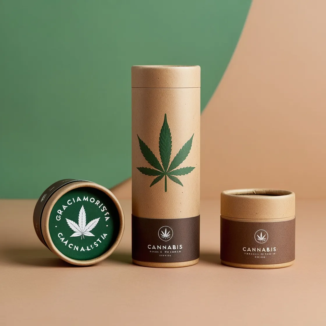 Green and brown paper tube packaging for Graciamorista cannabis, showcasing a natural design with a matte finish.