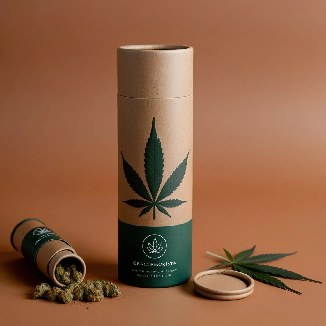 Earthy green and brown paper tube packaging for Graciamorista cannabis, featuring an organic and eco-friendly design.