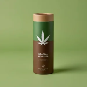 Organic look green and brown paper tube packaging for Graciamorista cannabis, featuring a thoughtful cannabis leaf icon and matte finish Organic look green and brown paper tube packaging for Graciamorista cannabis, featuring a thoughtful cannabis leaf icon and matte finish