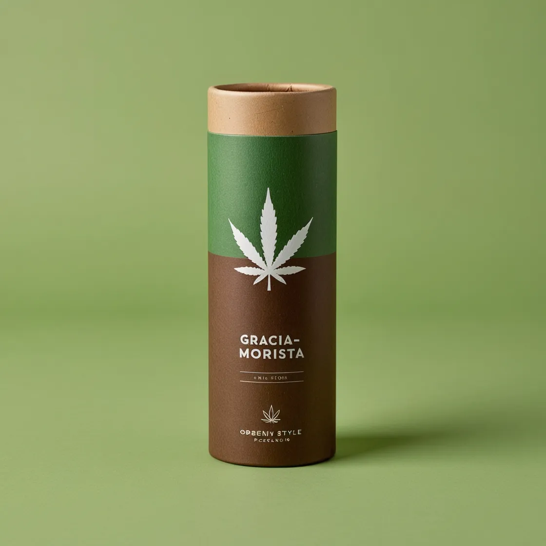 Organic look green and brown paper tube packaging for Graciamorista cannabis, featuring a thoughtful cannabis leaf icon and matte finish