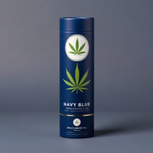 Sophisticated Navy Blue Cannabis Packaging by Graciamorista: Premium paper tube packaging in rich navy blue with a tastefully designed cannabis leaf icon Sophisticated Navy Blue Cannabis Packaging by Graciamorista: Premium paper tube packaging in rich navy blue with a tastefully designed cannabis leaf icon