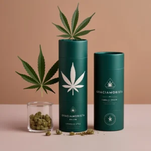 Opulent Emerald Green Cannabis Packaging by Graciamorista: Premium paper tube packaging in rich emerald green with a tastefully designed cannabis leaf icon. Opulent Emerald Green Cannabis Packaging by Graciamorista: Premium paper tube packaging in rich emerald green with a tastefully designed cannabis leaf icon.