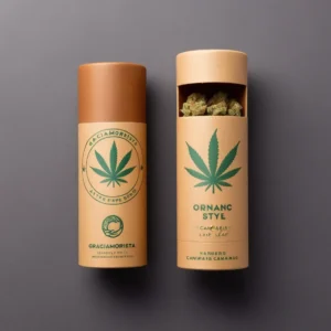Earth Tones Cannabis Packaging by Graciamorista: Premium paper tube packaging in earth tones with a natural design and cannabis leaf icon. Earth Tones Cannabis Packaging by Graciamorista: Premium paper tube packaging in earth tones with a natural design and cannabis leaf icon