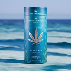 Oceanic Blue Cannabis Packaging by Graciamorista: Premium paper tube packaging in calming blue tones with a metallic silver cannabis leaf icon Oceanic Blue Cannabis Packaging by Graciamorista: Premium paper tube packaging in calming blue tones with a metallic silver cannabis leaf icon