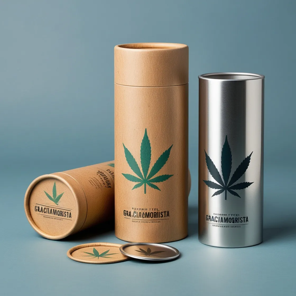 Eco-Friendly Industrial Steel Cannabis Paper Tube Packaging: Industrial steel design with a metallic finish, created by Graciamorista.