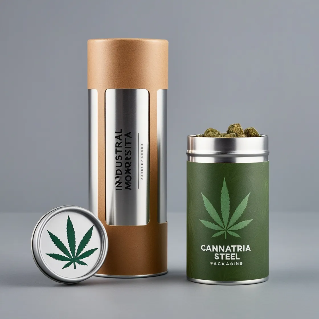 Sturdy Industrial Steel Cannabis Paper Tube Packaging: Robust steel packaging with a cannabis leaf icon, designed by Graciamorista