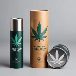 Industrial Steel Cannabis Paper Tube Packaging by Graciamorista: Premium paper tube packaging with a sleek steel finish and modern cannabis leaf icon.