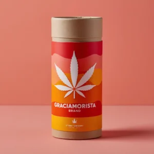 Graciamorista Vibrant Orange Cannabis Packaging Bold cannabis leaf icon on a gradient orange paper tube.