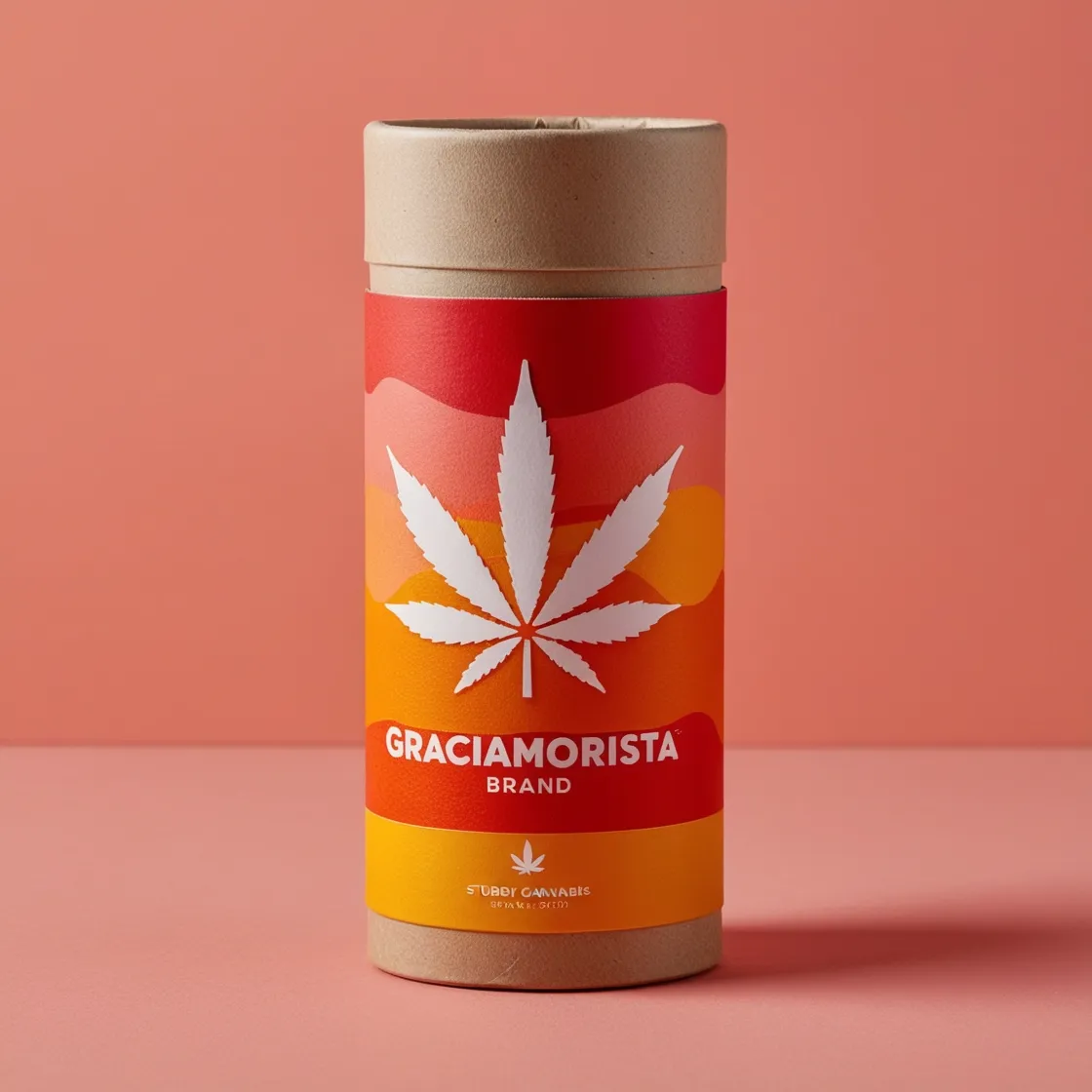 Graciamorista Vibrant Orange Cannabis Packaging Bold cannabis leaf icon on a gradient orange paper tube.