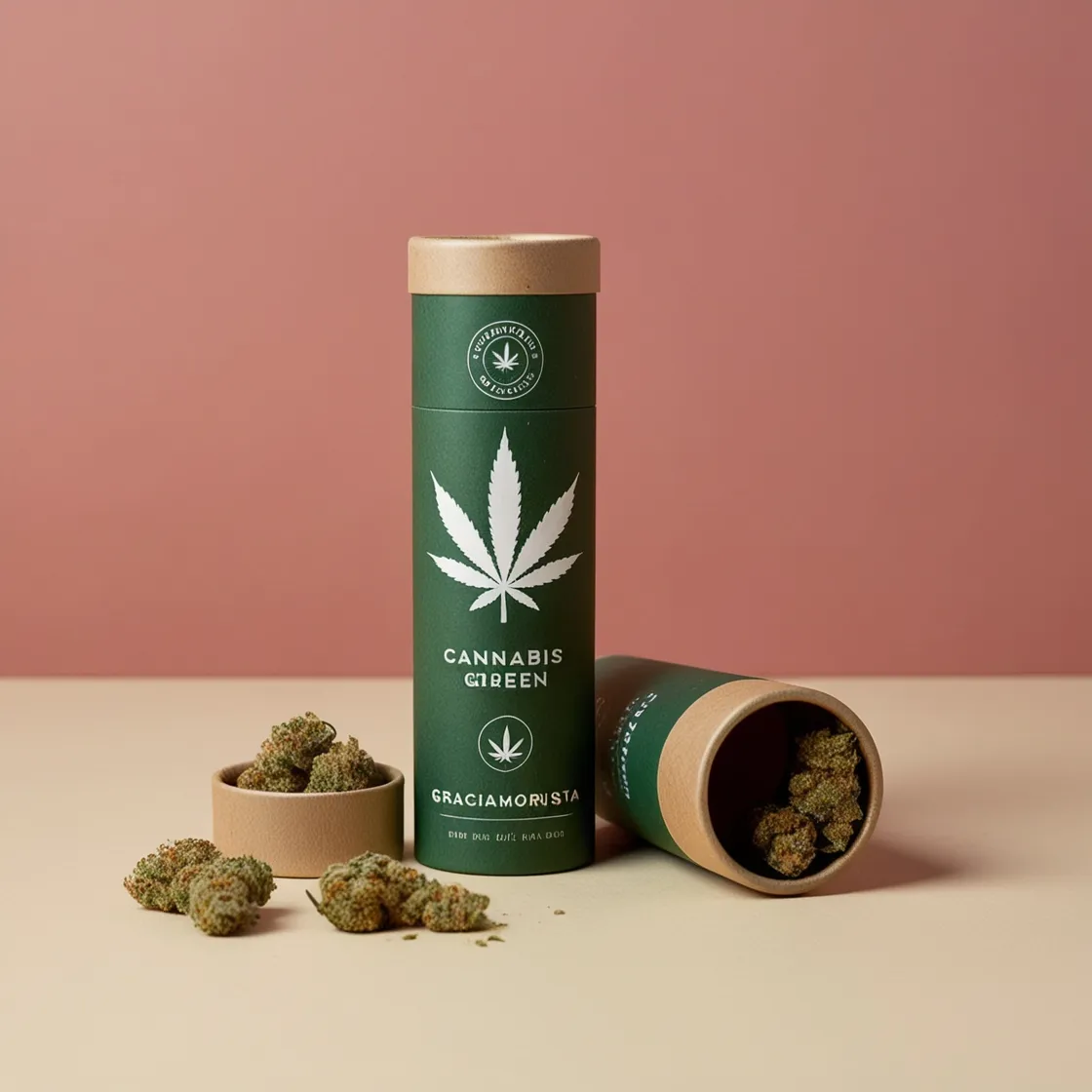 Eco-friendly Green Cannabis Packaging: Graciamorista's sustainable cannabis packaging in green with recyclable materials.