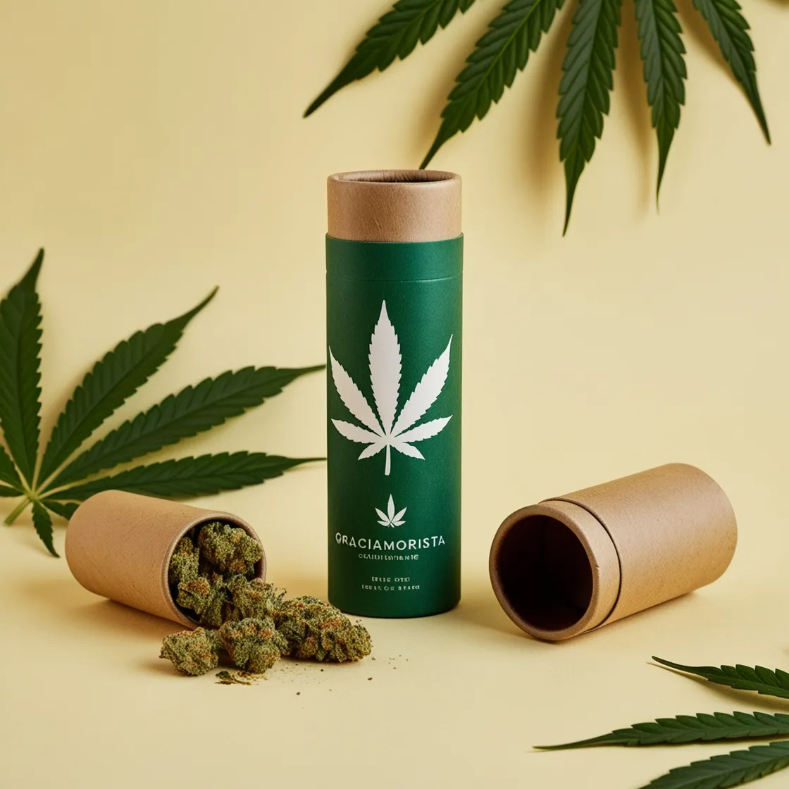 Graciamorista Brand Green Packaging: Eco-friendly cannabis packaging with Graciamorista branding.