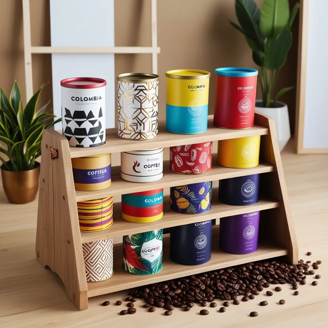 A wooden shelf with several coffee paper cones of different designs